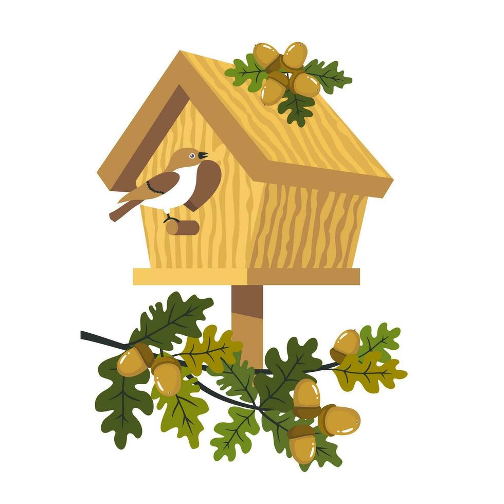 un' uccello nel un' di legno birdhouse con ghiande e quercia rami. illustrato vettore clipart.