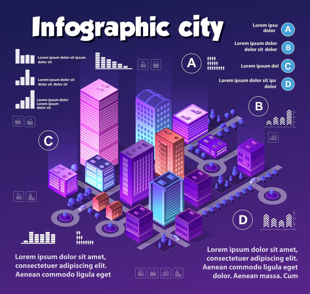 infografica isometrica della città al neon di colori viola vettore