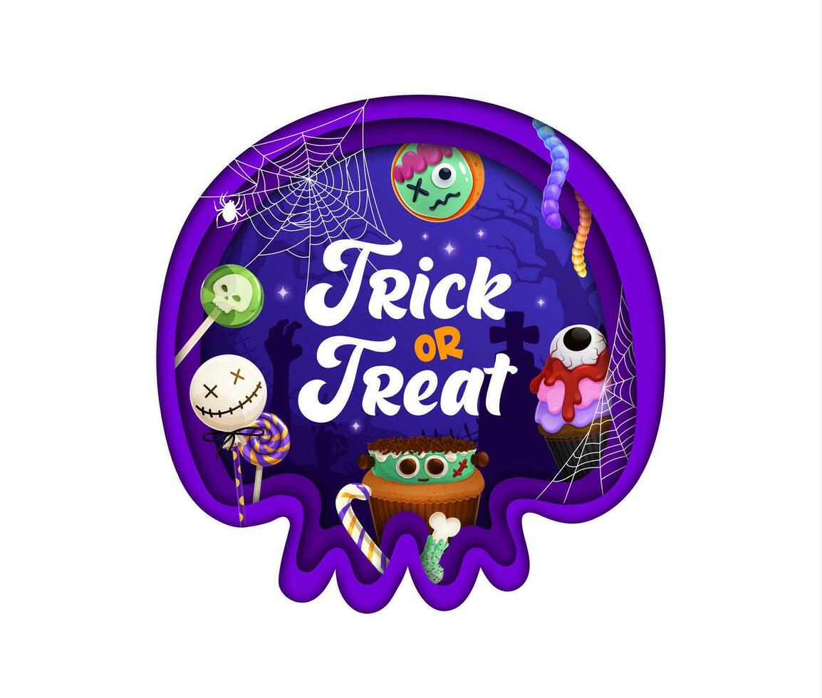 Halloween carta tagliare cranio forma con vacanza dolce vettore