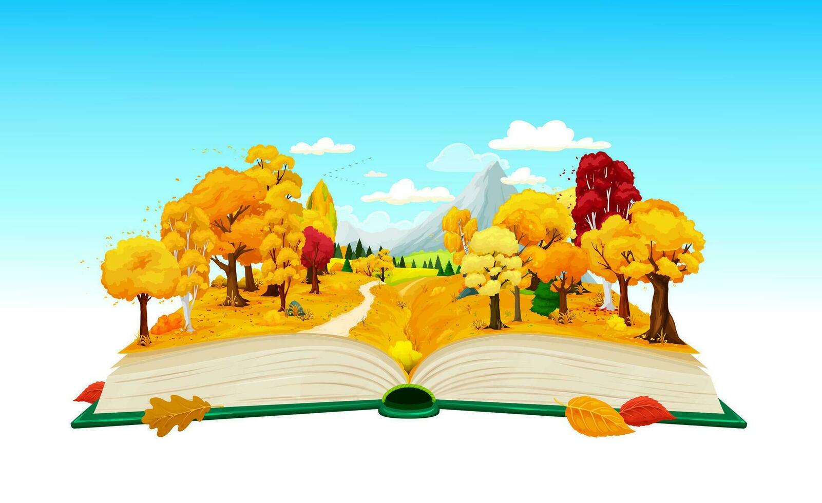 cartone animato ha aperto libro con autunno foresta, montagne vettore