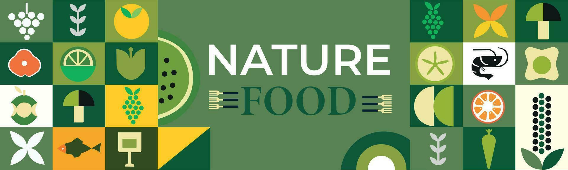 naturale cibo bandiera nel piatto stile. frutta e verdure nel semplice astratto geometrico retrò forme.fantastico per volantino, ragnatela manifesto, naturale prodotti presentazione modelli, copertina design. vettore