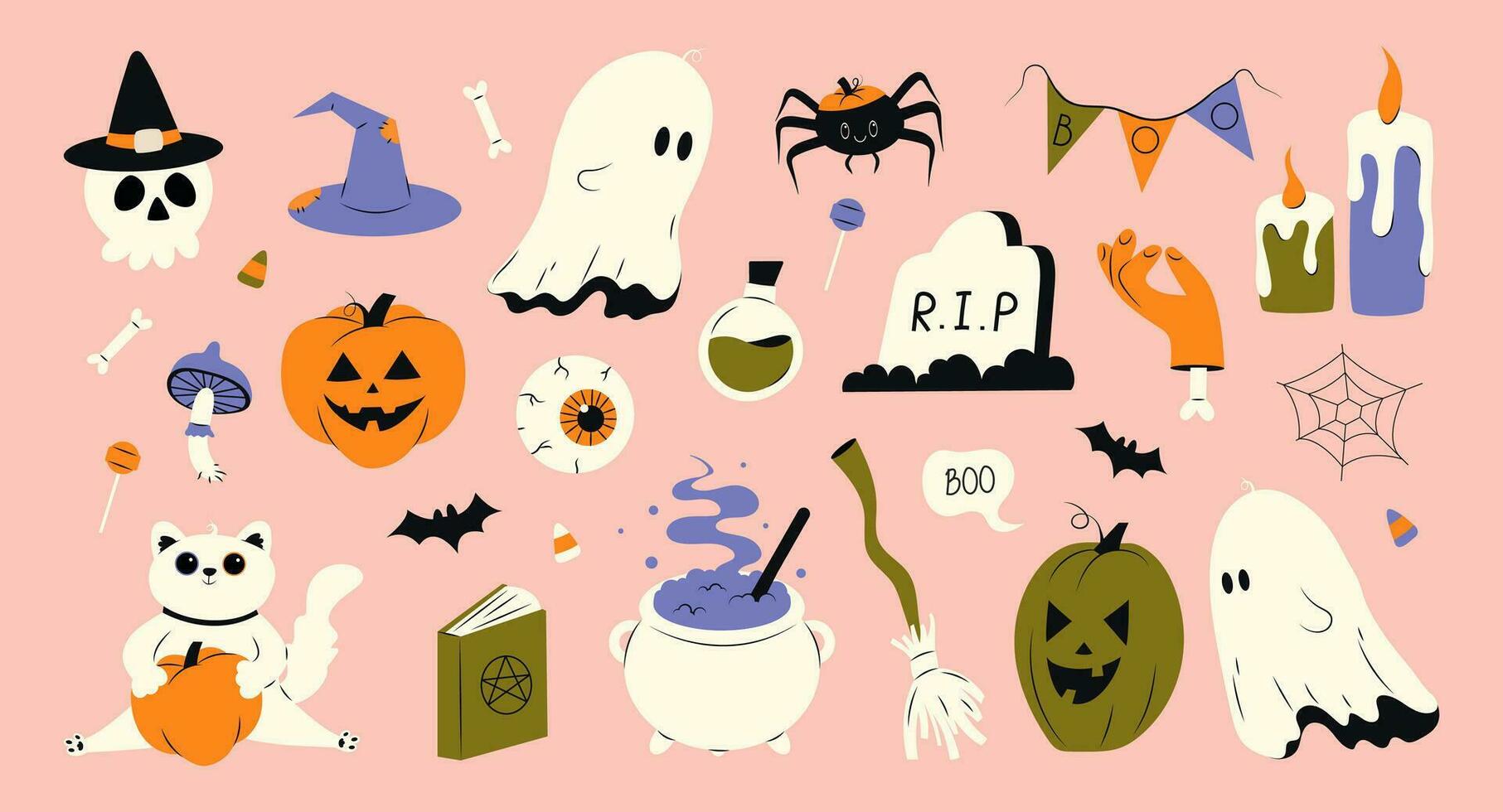 carino Halloween impostato di diverso elementi per design. fantasma, zucca, gatto, streghe calderone, cranio, veleno bottiglia, ragno, ragnatela, scavato occhio, vampiro zanne. vettore azione mano disegnato illustrazione.