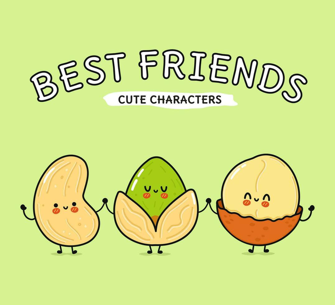 carino, divertente contento macadamia, pistacchio e anacardi noce. vettore mano disegnato cartone animato kawaii personaggi, illustrazione icona. divertente contento cartone animato macadamia, pistacchio e anacardio Noce portafortuna amici concetto