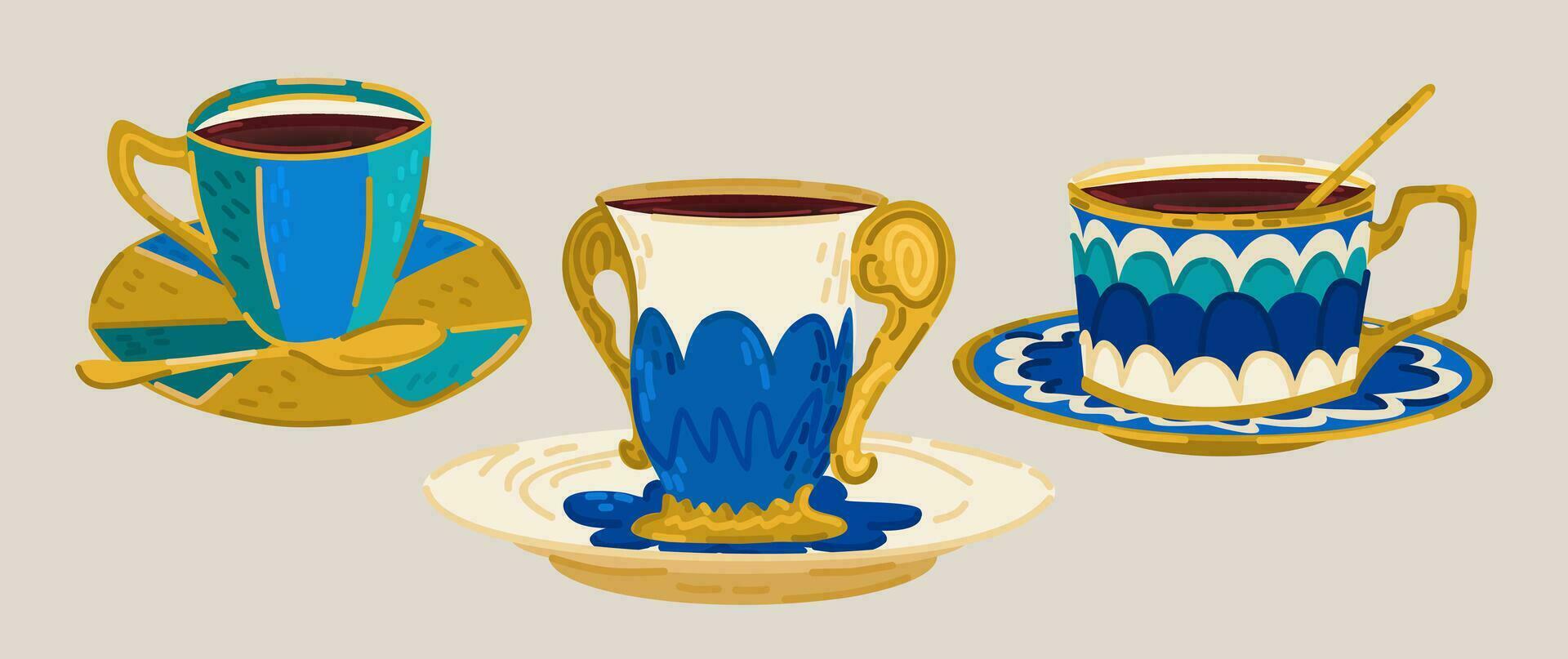 vettore collezione di tre diverso tazze con caffè. bianca tazze con blu e d'oro arredamento. isolato su leggero beige sfondo