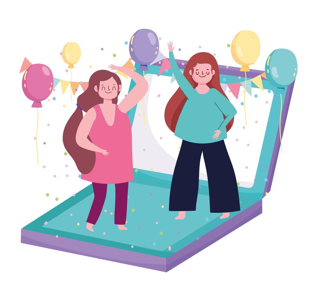 festa online, persone che ballano sul laptop con decorazioni di palloncini vettore