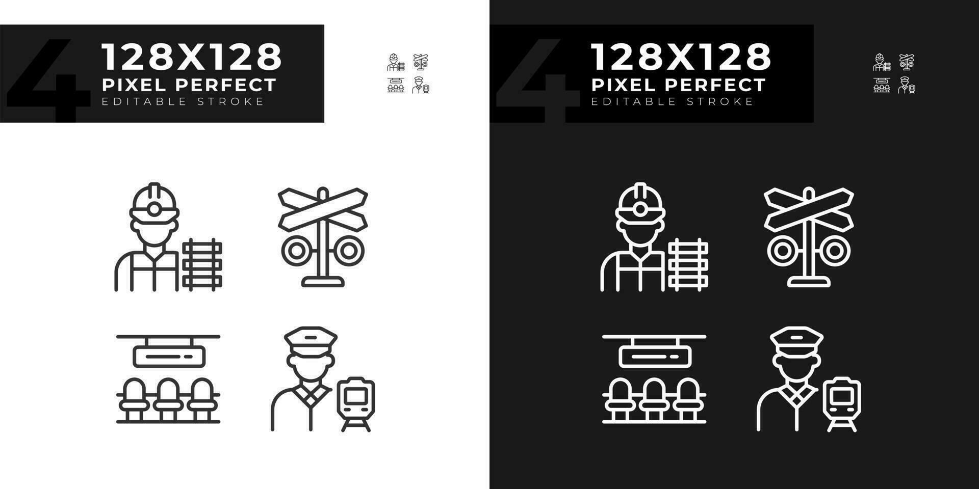 Ferrovia infrastruttura pixel Perfetto lineare icone impostato per scuro, leggero modalità. pubblico trasporto. ferrovia occupazione. magro linea simboli per notte, giorno tema. isolato illustrazioni. modificabile ictus vettore