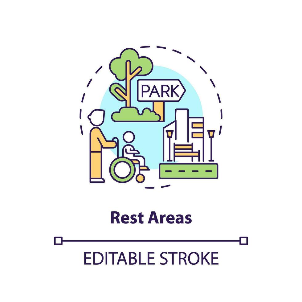 riposo le zone concetto icona. sedia a rotelle accessibile. persone con disabilità. mobilità AIDS. all'aperto ricreazione astratto idea magro linea illustrazione. isolato schema disegno. modificabile ictus vettore