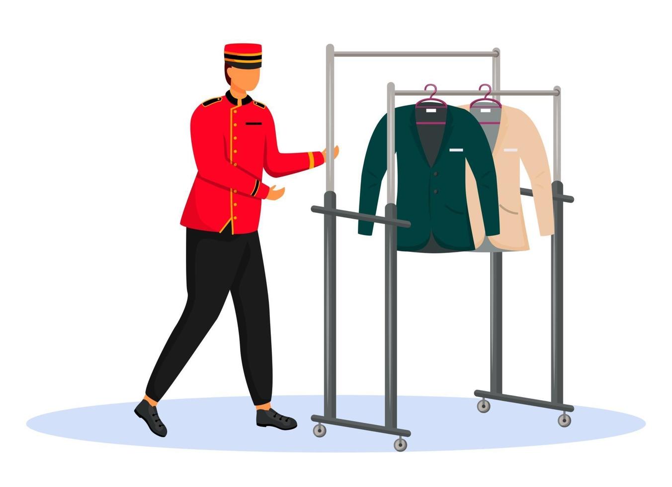 portiere in uniforme rossa colore piatto illustrazione vettoriale. fattorino che trasporta il carrello con i vestiti. personale dell'hotel con attrezzature, lavoratore di servizio. personaggio dei cartoni animati isolato fattorino su sfondo bianco vettore