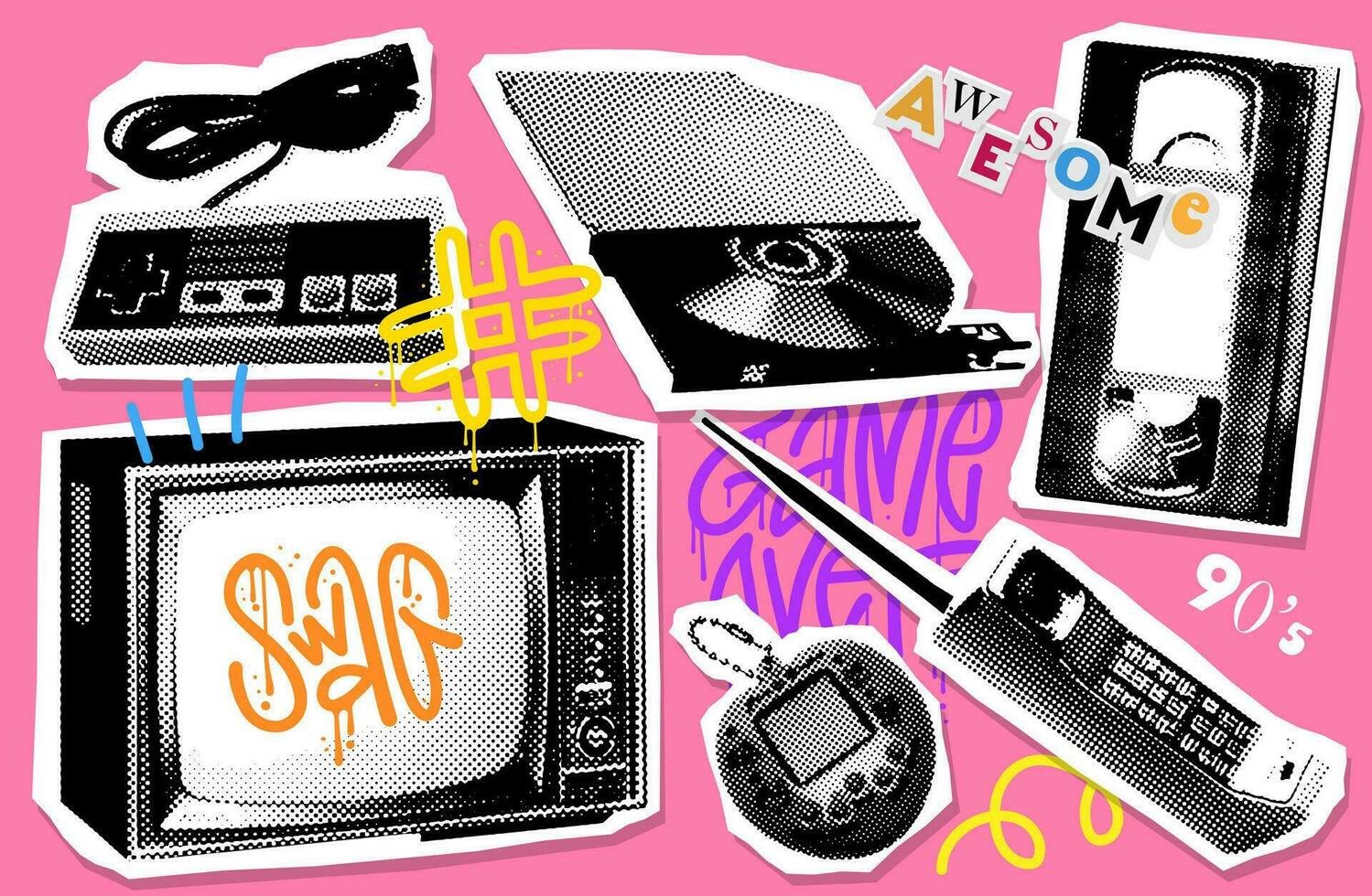 dithering mezzitoni collage analogico elettronica elementi per misto media design. mobile Telefono, tv, gamepad, video cassetta, tamagotchi nel bitmap struttura, tratteggiata ritagliare stile. vettore anni 90 illustrazione