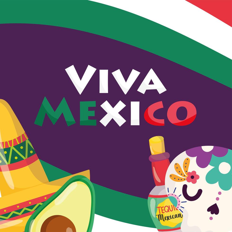 Festa dell'indipendenza messicana, teschio di avocado e tequila, viva messico si celebra a settembre vettore
