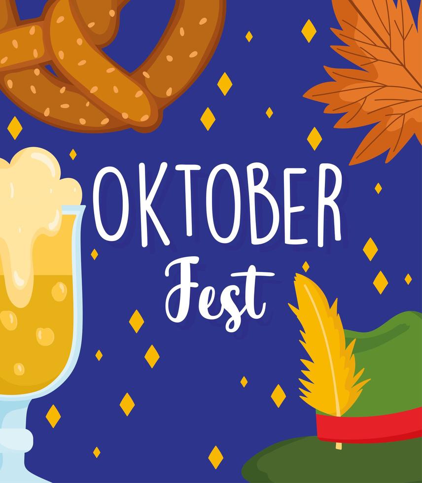 festival dell'oktoberfest, cappello birra pretzel foglia sfondo, celebrazione germania tradizionale vettore