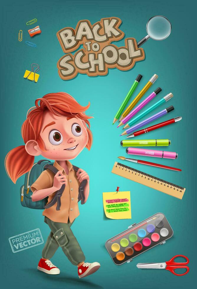 benvenuto indietro per scuola bambini scolara con zaino e bloc notes, penna, colori, governate, forbici, lente d'ingrandimento, gomma, carta clip, matita temperamatite, acquerello, spazzola forniture vettore