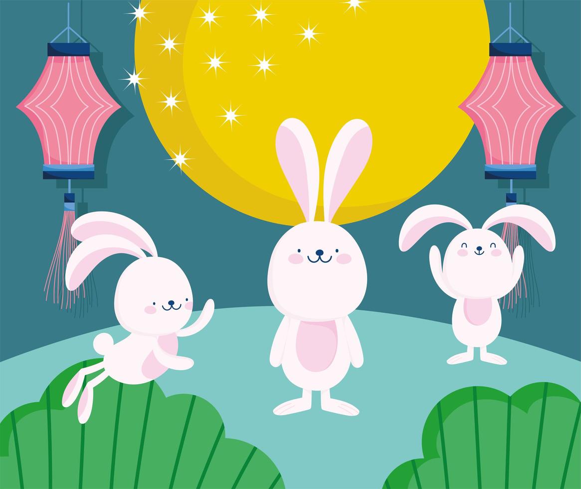 felice festa di metà autunno, simpatici conigli luna piena lanterne natura, benedizioni e felicità vettore