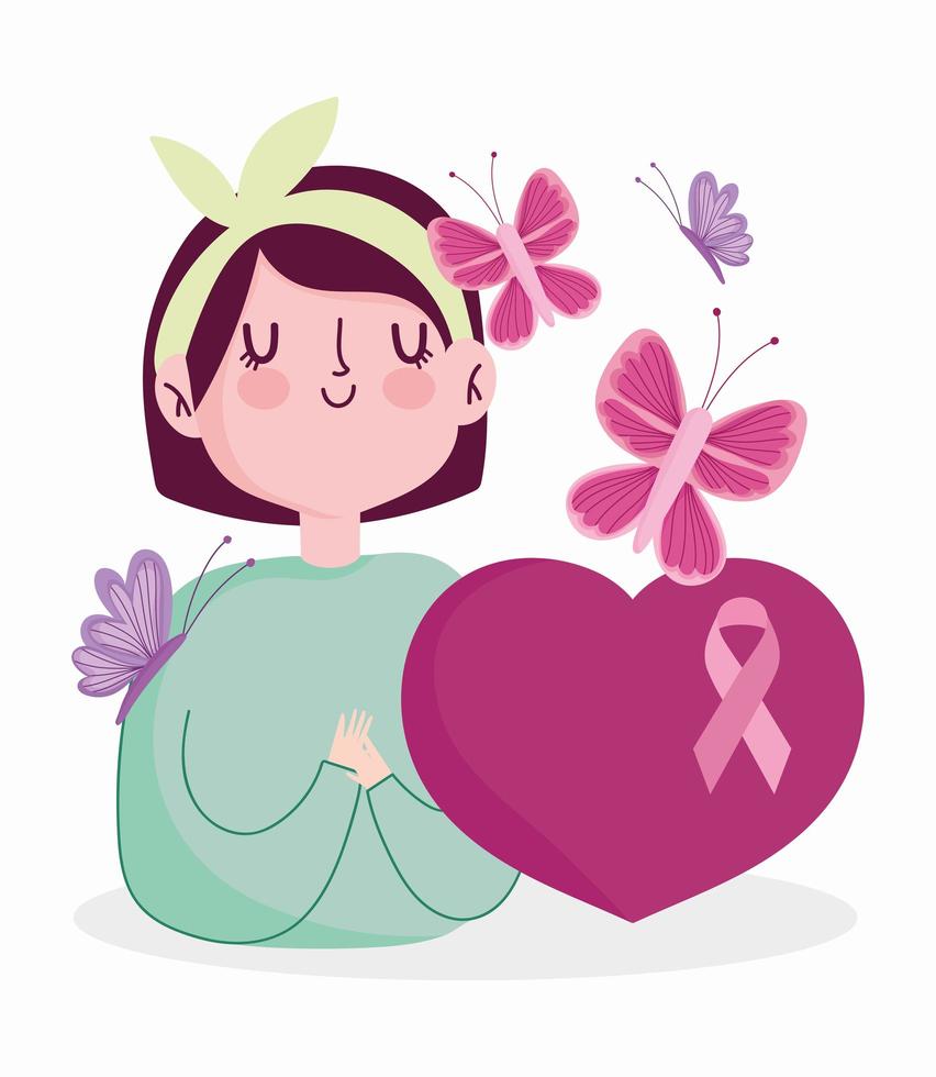 mese di consapevolezza del cancro al seno cartone animato donna farfalla nastro e cuore vettore