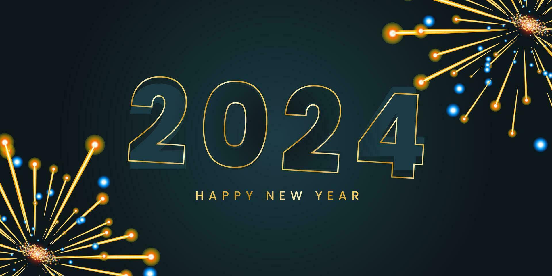 contento nuovo anno 2024 con brillante oro numeri. brillante oro 2024 nuovo anno saluti su nero sfondo. vettore
