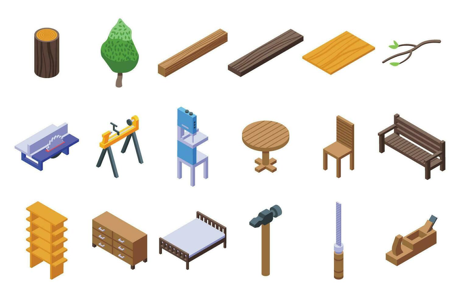 la lavorazione del legno icone impostato isometrico vettore. carpenteria mobilia vettore