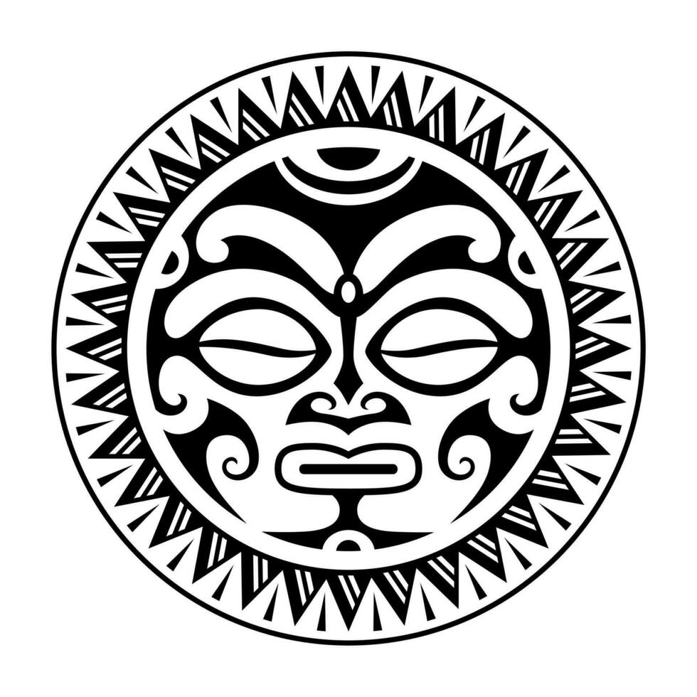 il giro tatuaggio ornamento con sole viso maori stile. africano, aztechi o Maya etnico maschera. nero e bianca. vettore