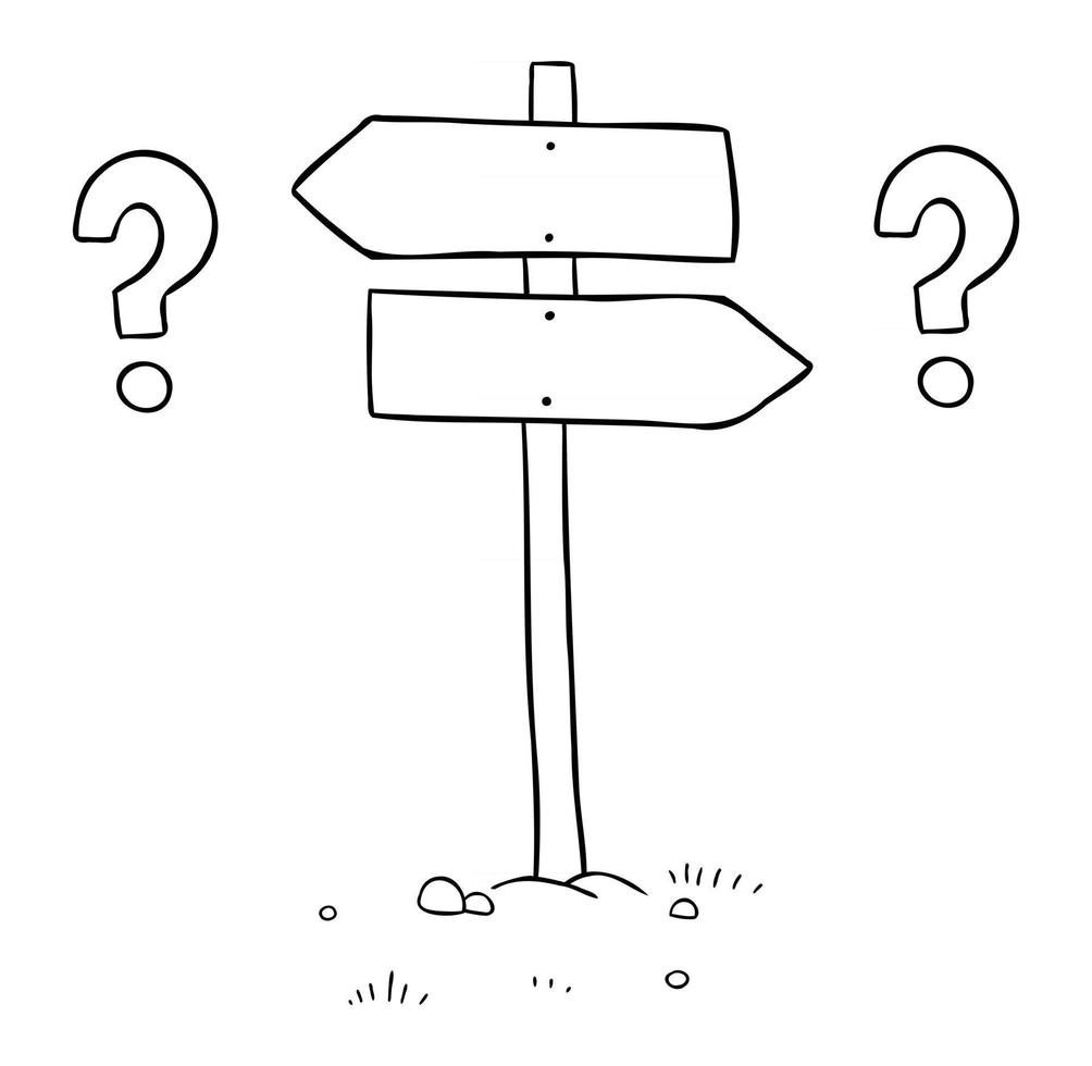fumetto illustrazione vettoriale di incapacità del segnale stradale in legno di prendere decisioni sui lati sinistro e destro