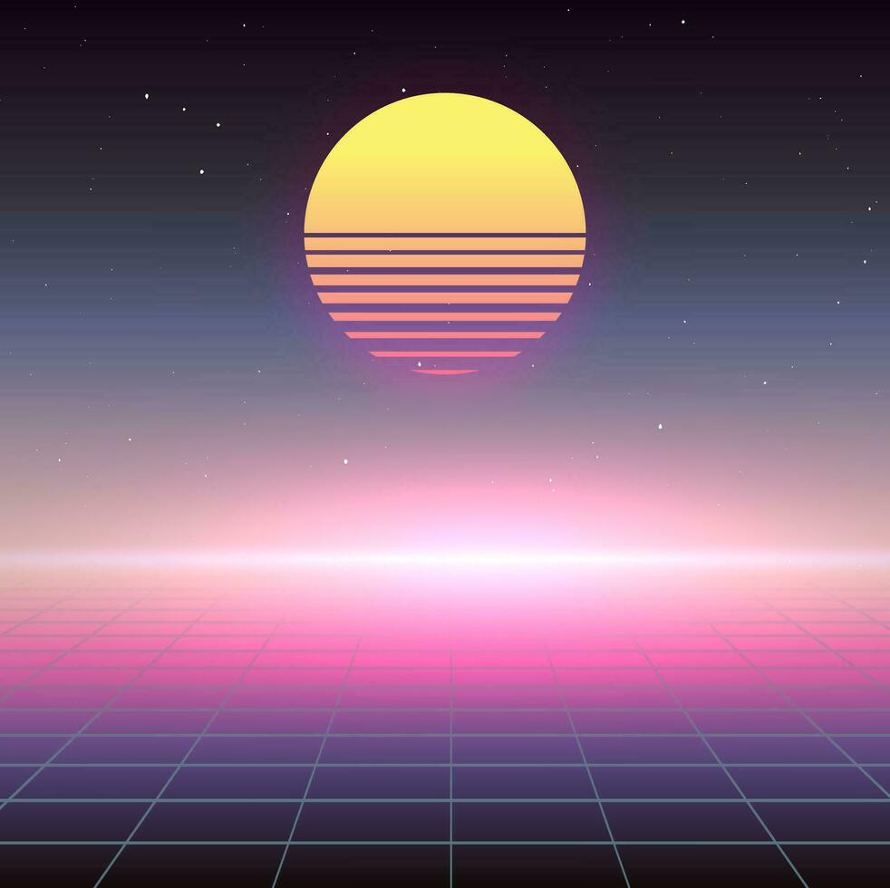 neon tramonto, un' digitale griglia primo piano, e un' costellato di stelle cielo. visivo viaggio indietro per anni 80. synthwave ispirato grafico. scifi futuristico vettore Immagine. sfondo per festa volantino, techno manifesto.