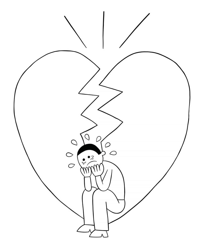 l'uomo dei cartoni animati ha il cuore spezzato e illustrazione vettoriale molto triste