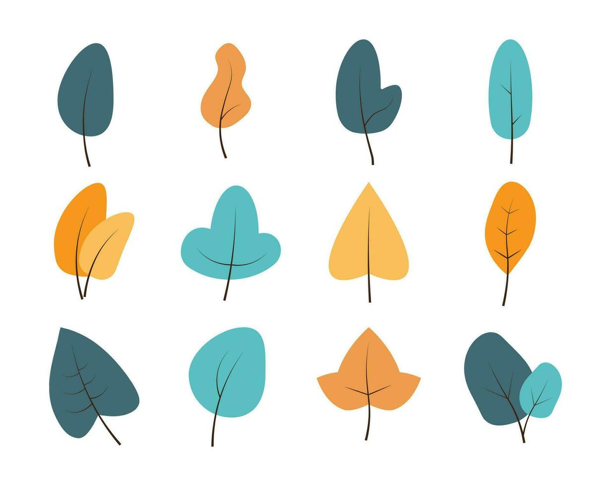 impostato di piatto illustrazione di autunno colorato foglie, floreale, pianta, botanico isolato su bianca sfondo. semplice foglia forma nel piatto stile per decorazione. vettore illustrazione