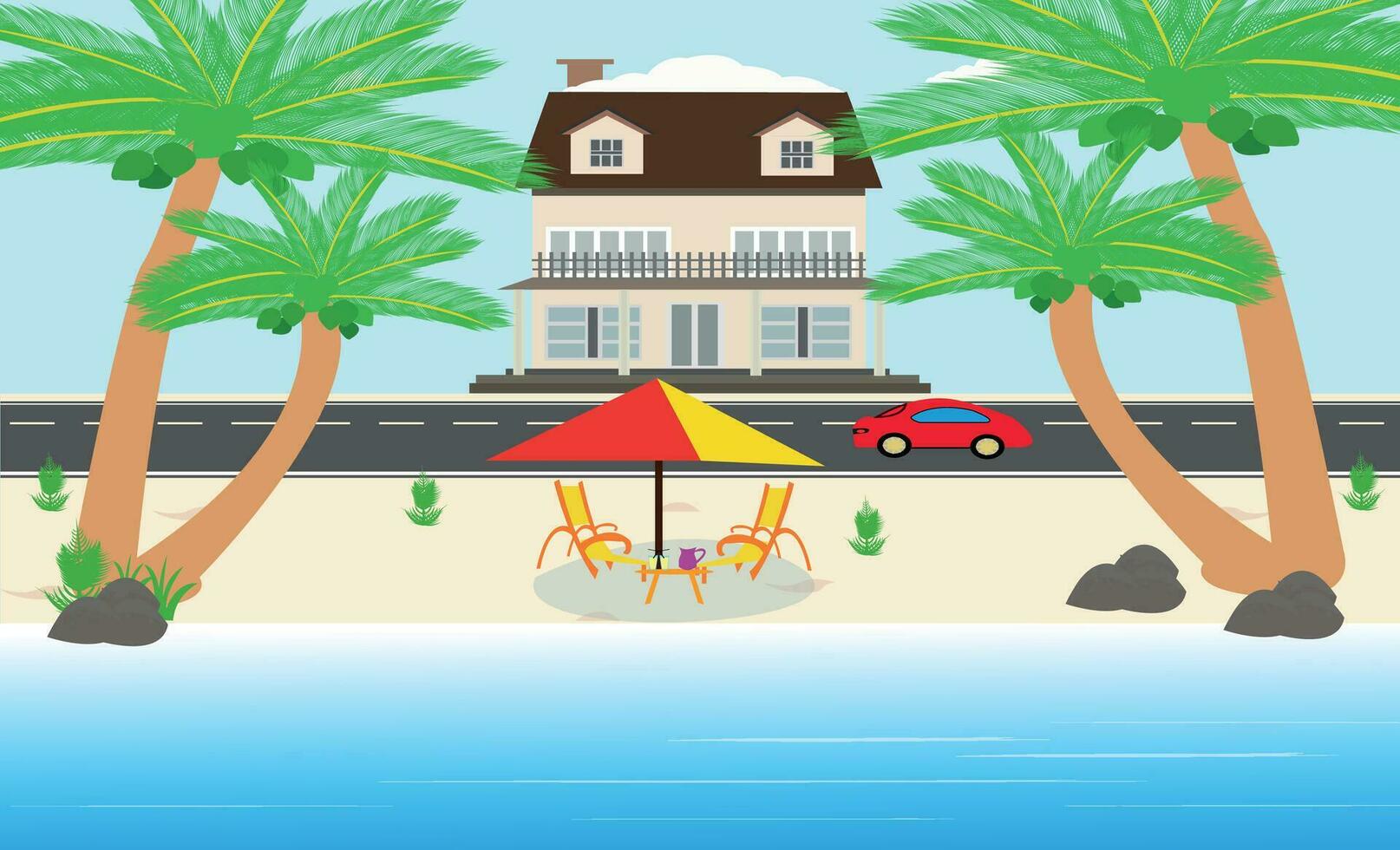 impostato di estate vacanza vettore illustrazione Paradiso spiaggia tropicale spiaggia, ombrello strada e macchine, ricorrere montagna e Noce di cocco alberi.