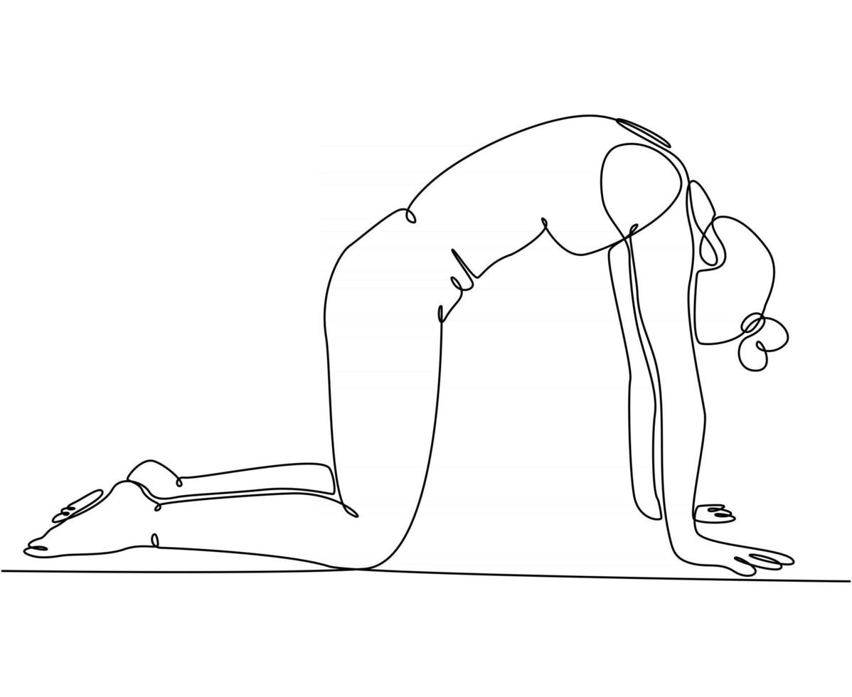 disegno di una linea continua di donna che fa un'illustrazione vettoriale di posa del gatto cat
