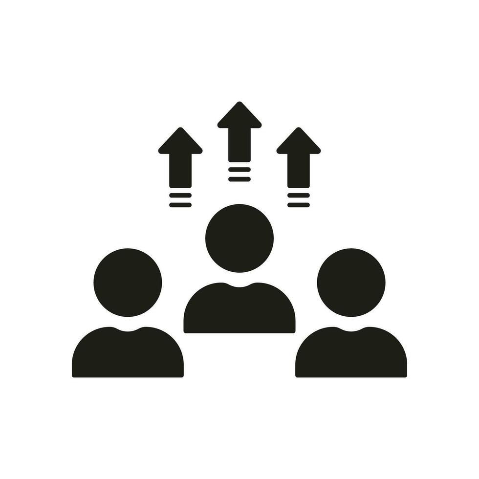 progresso nel attività commerciale silhouette icona. squadra crescita su, successo glifo pittogramma. sviluppo nel azione mercato solido cartello. carriera promozione, abilità miglioramento simbolo. isolato vettore illustrazione.