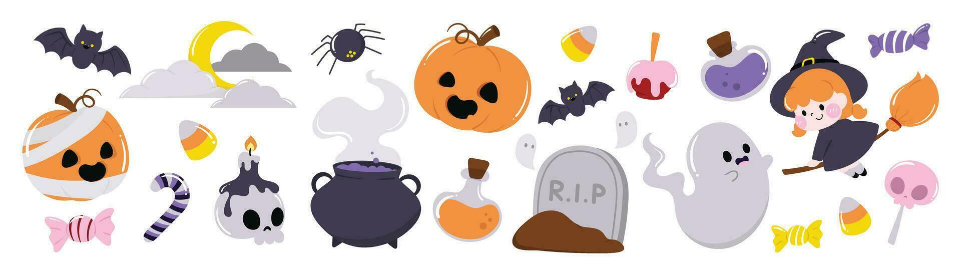 contento Halloween giorno elemento sfondo vettore. carino collezione di spaventoso fantasma, zucca, pipistrello, lecca-lecca, ragno, calderone, scopa, grave. adorabile Halloween Festival elementi per decorazione, stampe. vettore