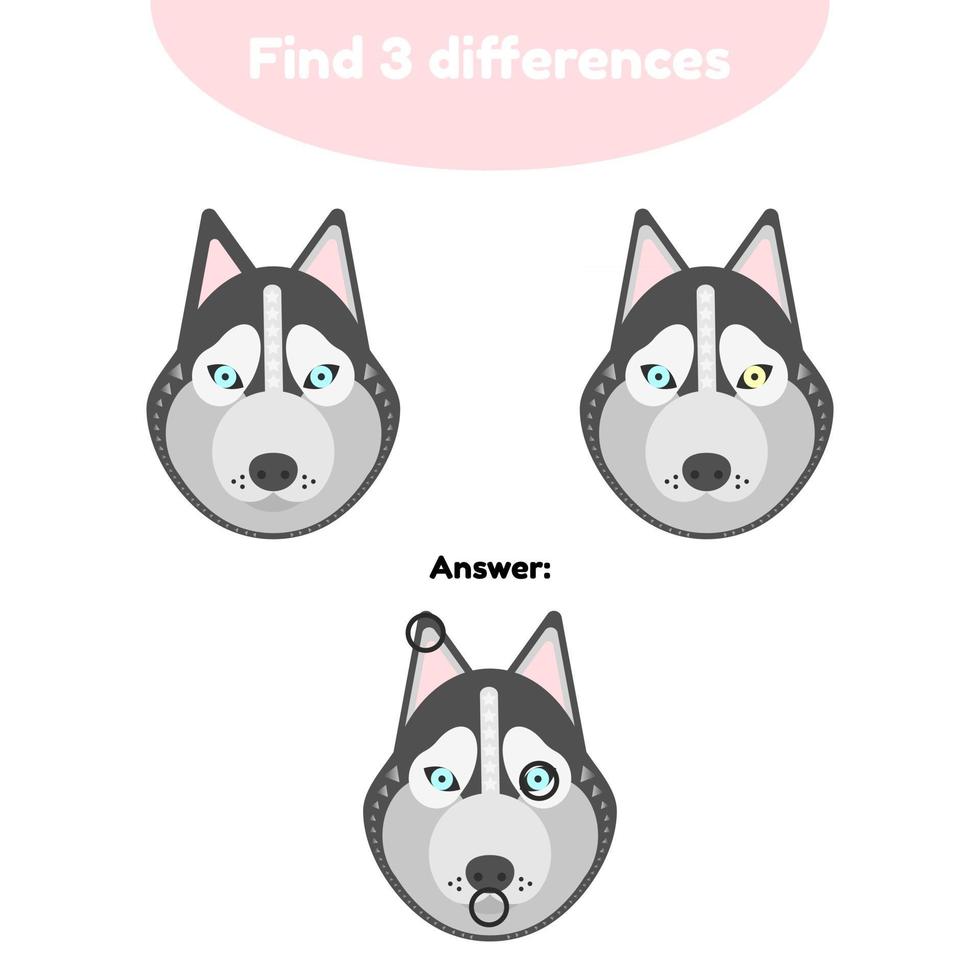 illustrazione vettoriale. gioco di puzzle per bambini in età prescolare. trova 3 differenze con la risposta. cane husky vettore