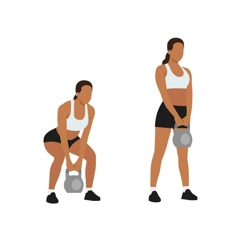 donna fare kettlebell stacco esercizio. piatto vettore illustrazione isolato su bianca sfondo. allenarsi personaggio impostato