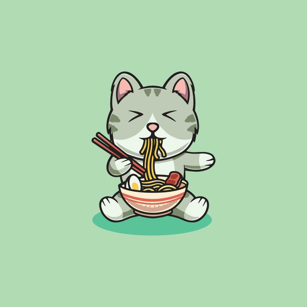 carino gatto mangiare soba tagliatelle cartone animato icona illustrazione vettore