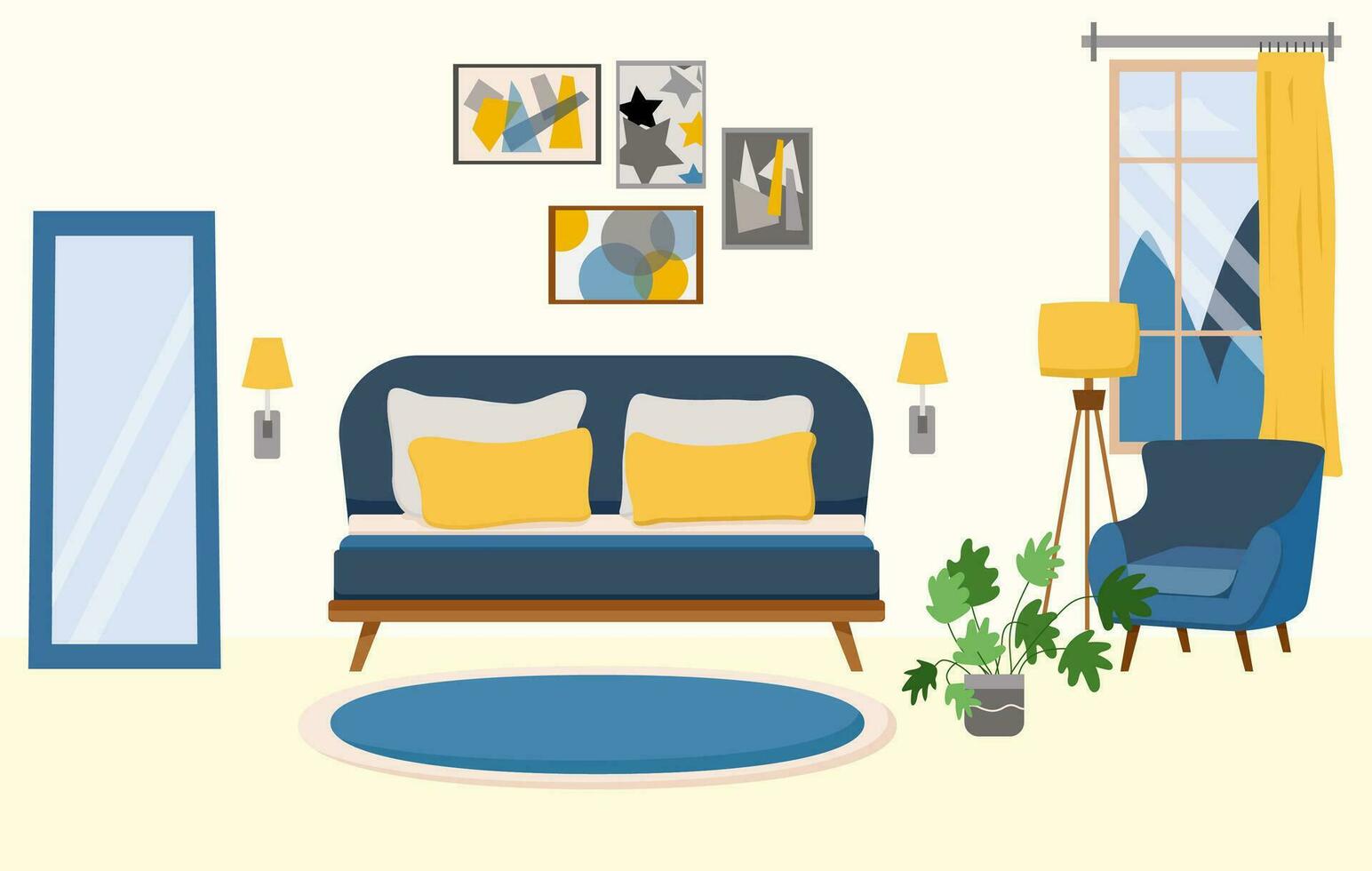 accogliente Camera da letto interno con mobilia piace letto, armadio, capezzale tavolo, vaso, lampadario nel moderno stile nel piatto vettore illustrazione