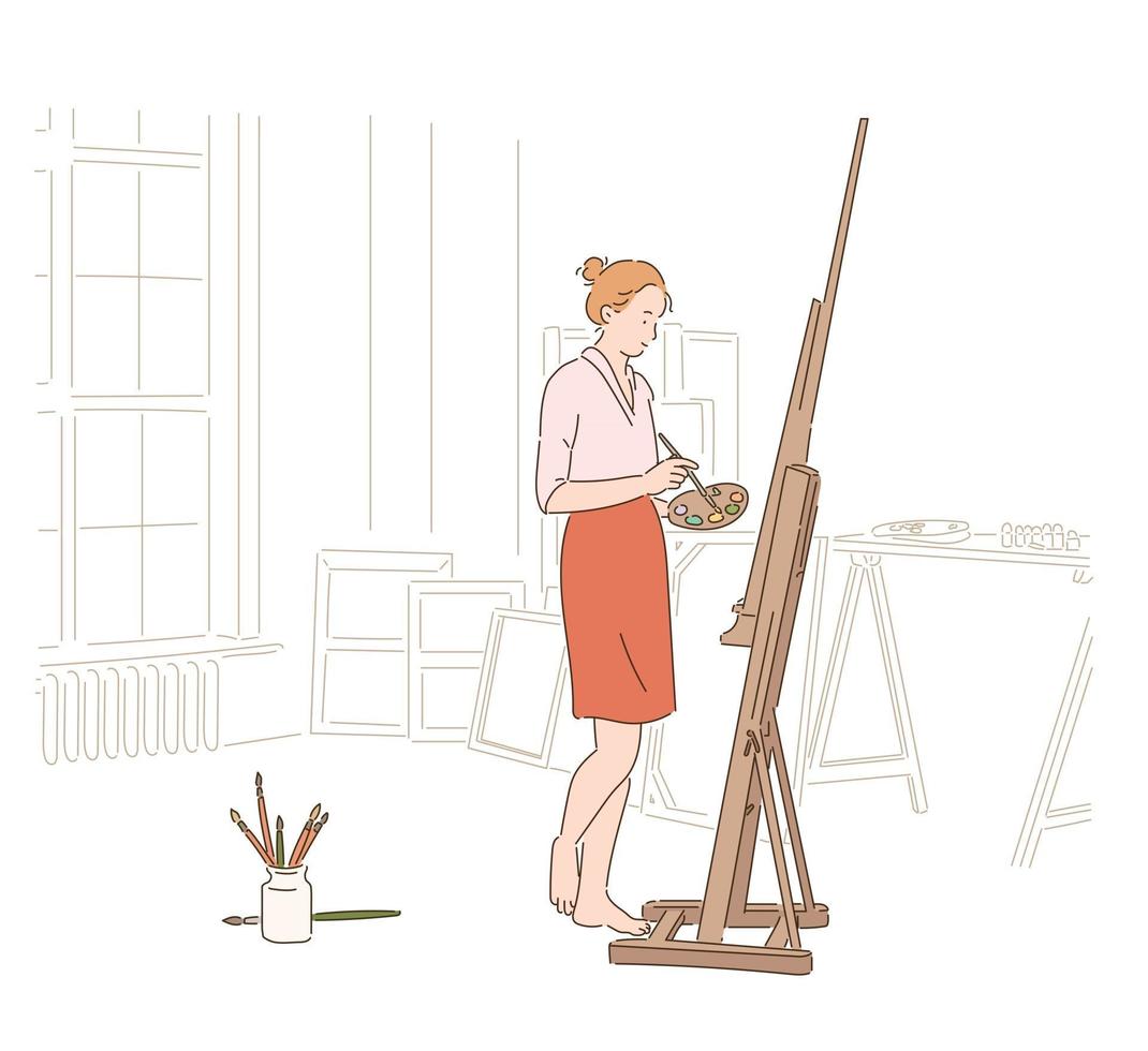 un artista dipinge davanti a un cavalletto. illustrazioni di disegno vettoriale stile disegnato a mano.