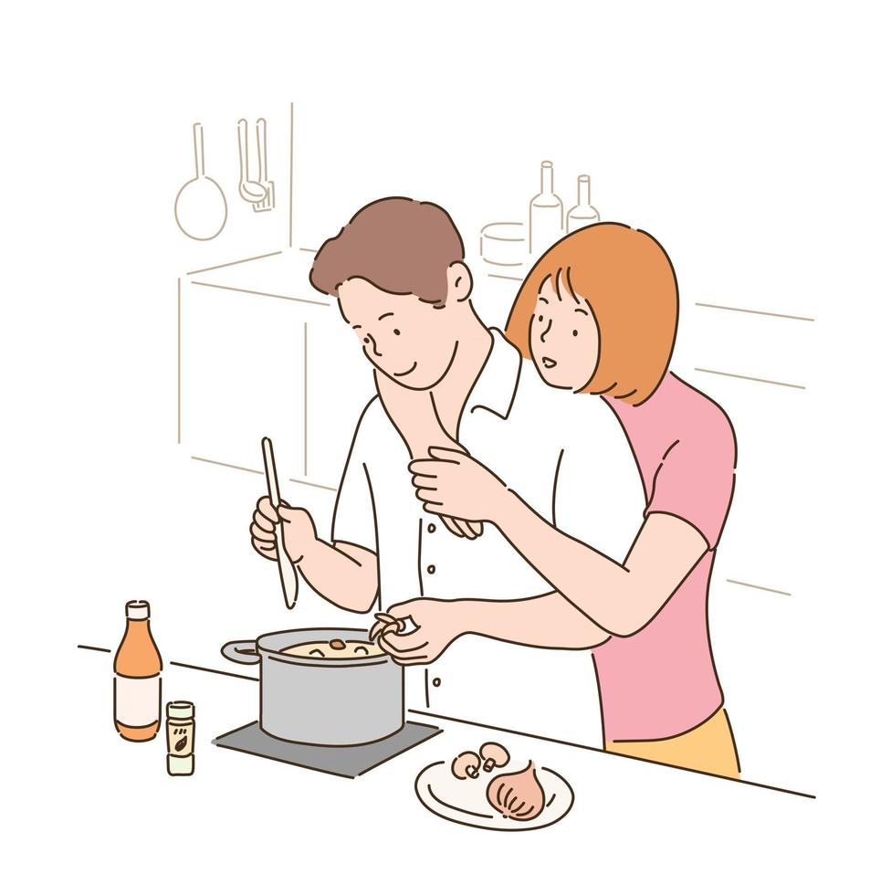 una donna sta abbracciando un uomo che sta cucinando da dietro. illustrazioni di disegno vettoriale stile disegnato a mano.