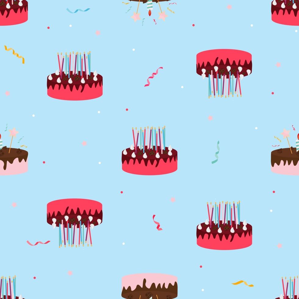 compleanno carino seamless pattern di sfondo con torta, candele. elemento di design per invito a una festa, congratulazioni. illustrazione vettoriale eps10