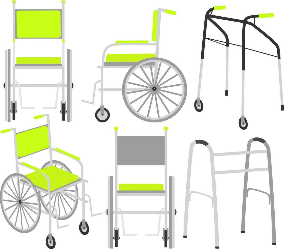 vettore sedia a rotelle, deambulatore, a piedi telaio. vettore illustrazione di medico attrezzatura impostare.