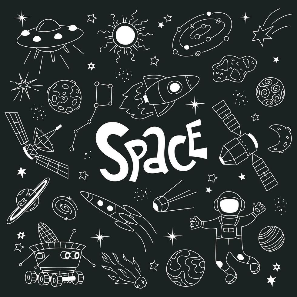 mano disegnato impostato di spazio oggetti con satellitare, stelle, meteoriti, pianeti, lunare rover e astronauta su nero sfondo. vettore collezione di scarabocchi.