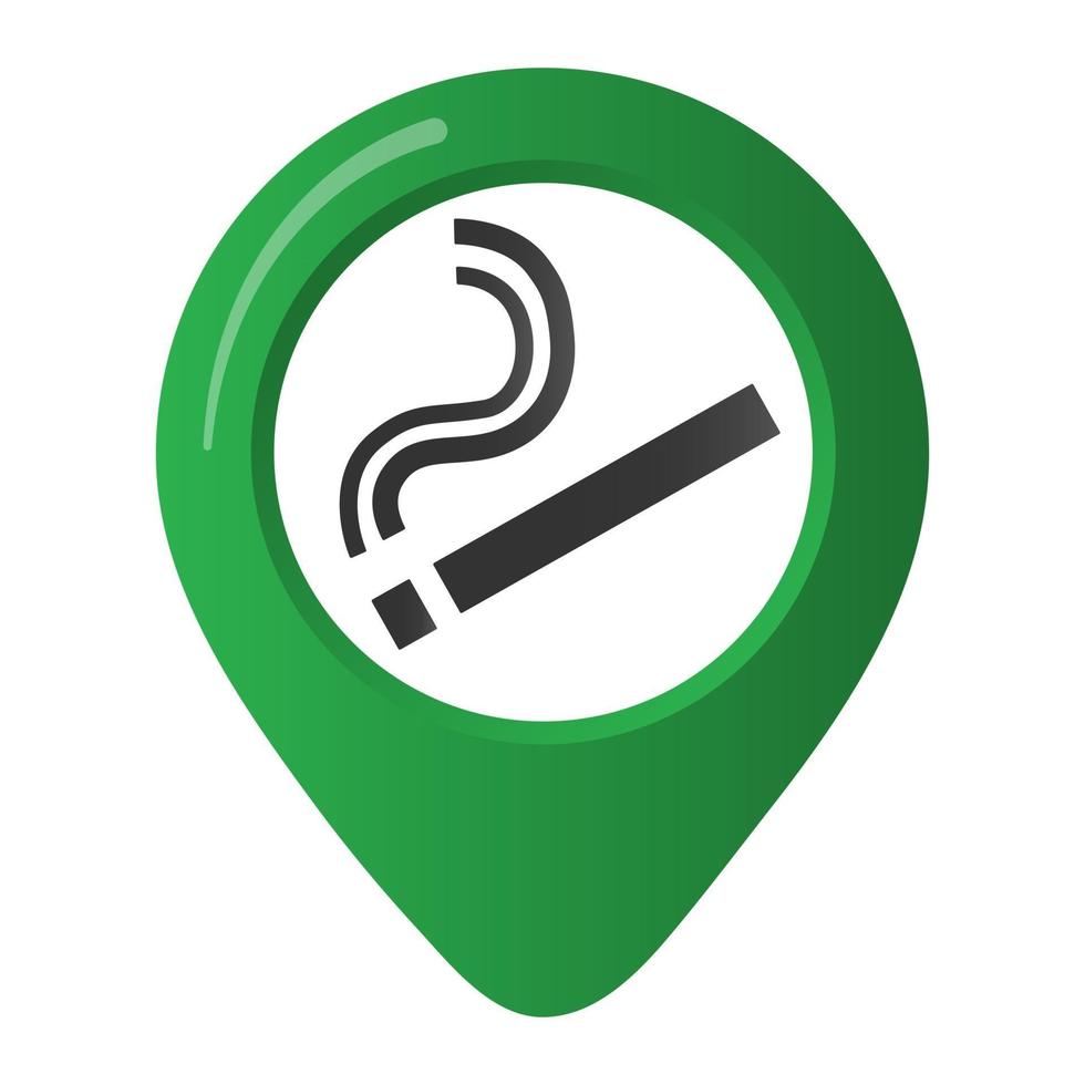Area fumatori marcatore mappa pin icona segno con design piatto in stile sfumato sigaretta nel cerchio verde. simbolo dell'area fumatori nelle app della mappa isolato su sfondo bianco vettore
