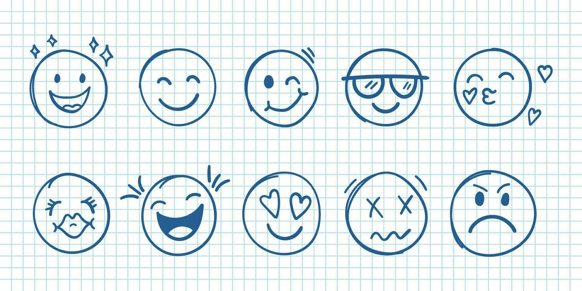 emoji facce icona nel mano disegnato stile. gioco da ragazzi emoticon vettore illustrazione su isolato sfondo. contento e triste viso cartello attività commerciale concetto.