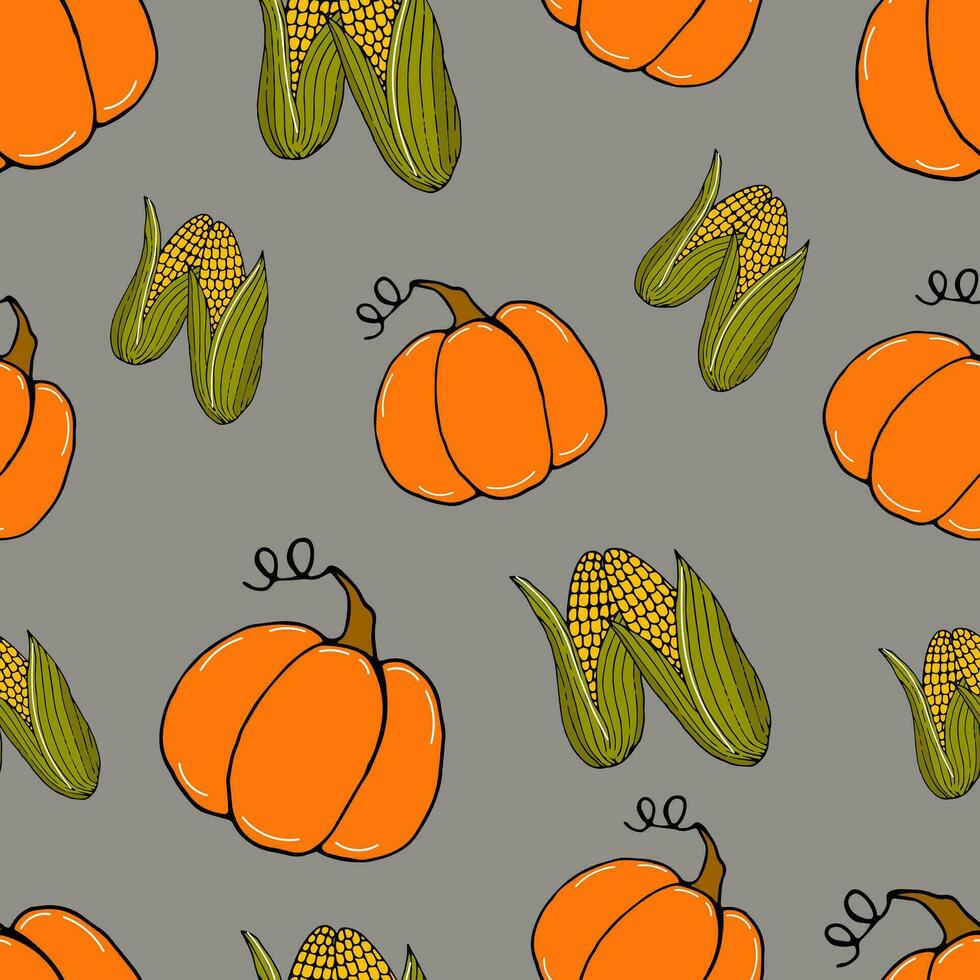 senza soluzione di continuità modello colorato scarabocchio verdure zucche e Mais su grigio - autunno sfondo, vettore illustrazione. per confezione, tessili, sfondi, ragnatela design