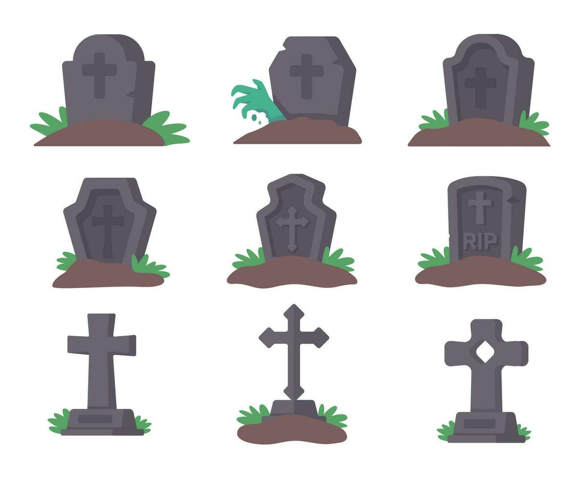 fantasma tombe. pietre lavorato nomi di morto persone su rocce con croci nel spaventoso cimitero. vettore