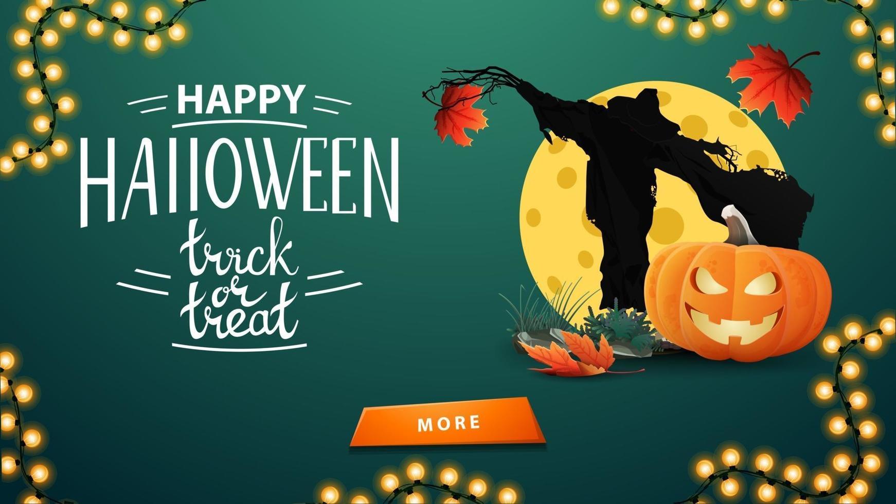 banner di saluto verde di halloween con spaventapasseri e jack zucca contro la luna. design minimalista del biglietto di auguri vettore