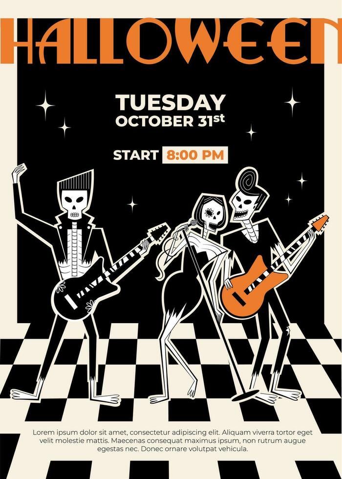 Halloween retrò festa invito. scheletro roccia gruppo musicale nel retrò stile di Anni '60 -'70. tre scheletro personaggi-due maschio chitarristi e uno femmina cantante. vettore