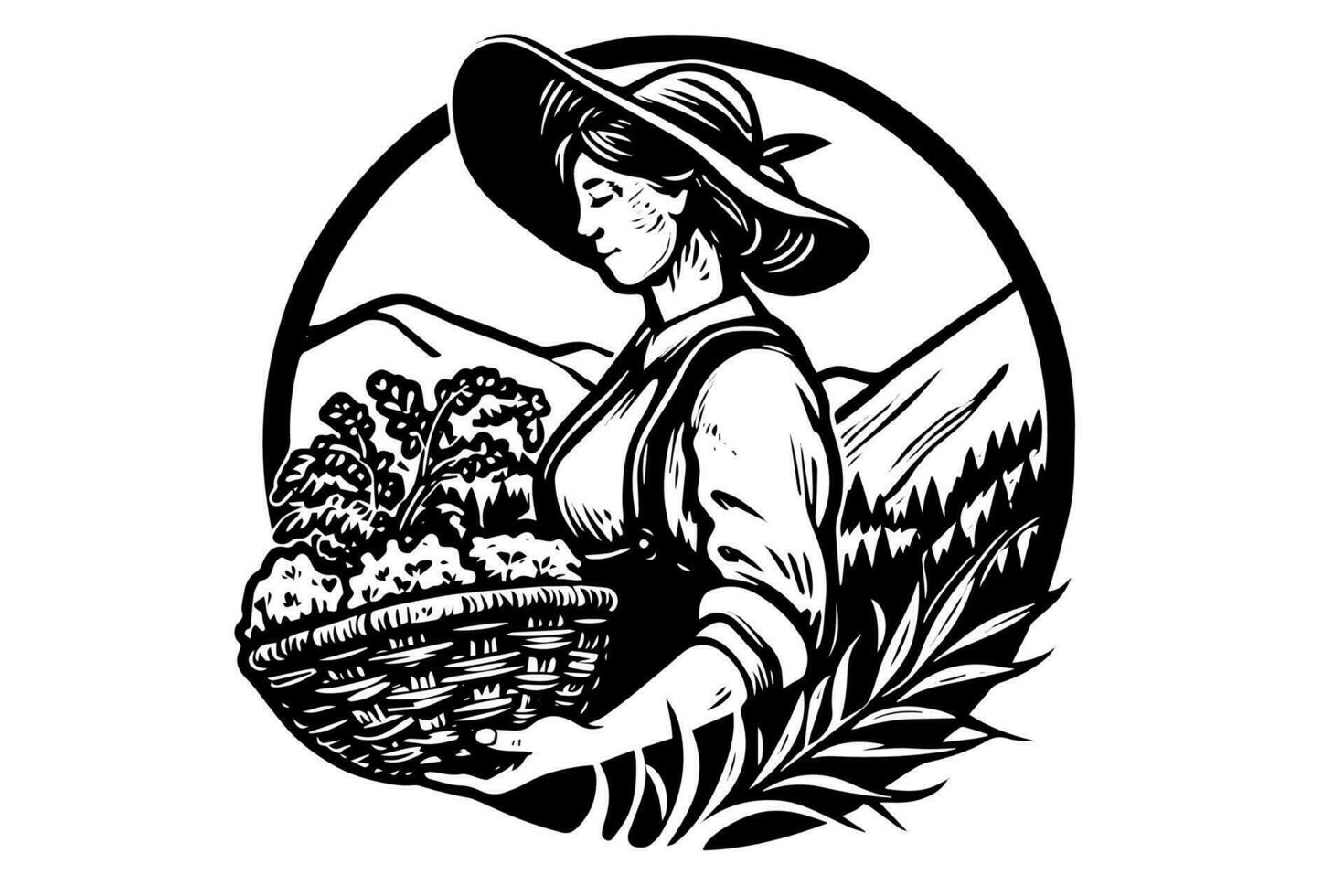 un' donna contadino raccolta nel il campo nel incisione stile. disegno inchiostro schizzo vettore illustrazione.