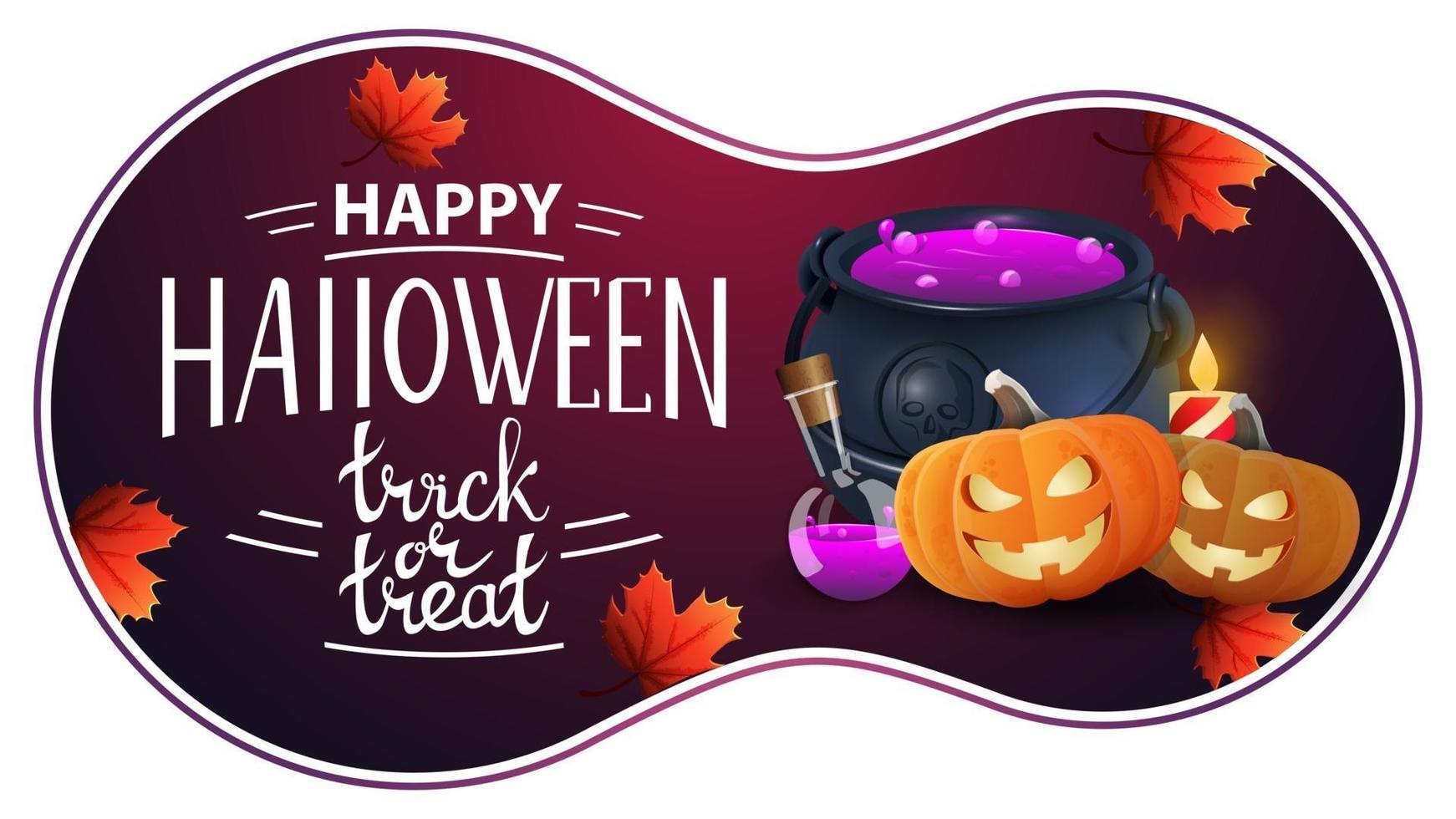 buon halloween, dolcetto o scherzetto, cartolina rosa con calderone della strega e jack zucca. cartolina di auguri con scritte vettore