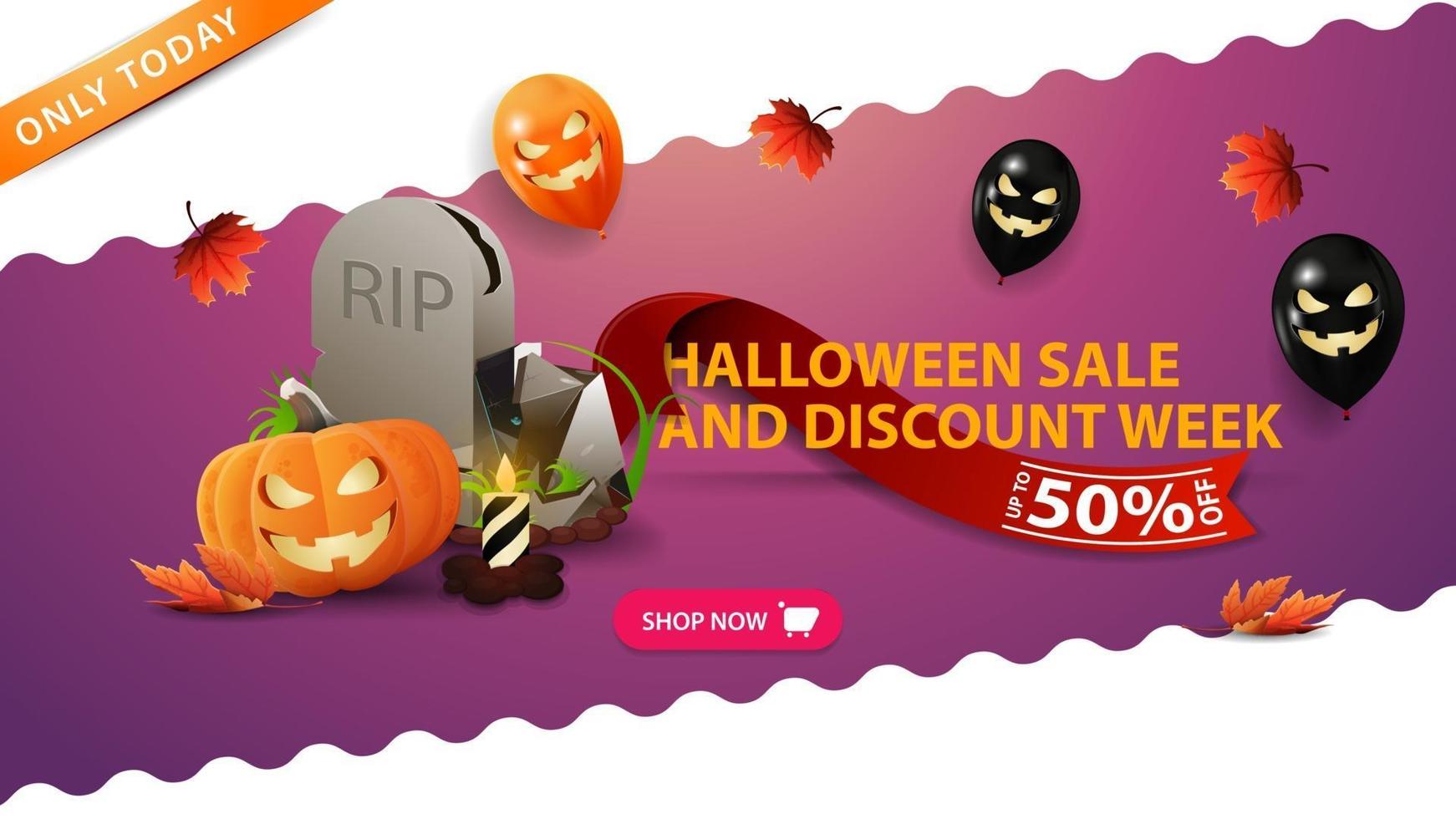 settimana di saldi e sconti di halloween, fino a 50 di sconto, striscione rosa con lapide, jack di zucca, palloncini di halloween, foglie autunnali e nastro rosso con offerta di sconto vettore