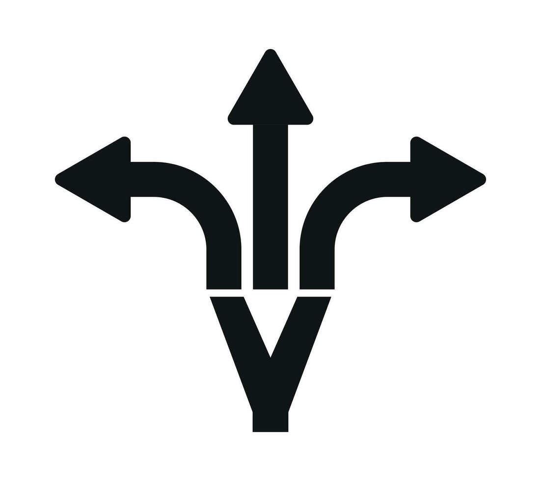tre modo direzione freccia icone, triplicare direzionale strada icona cartello, traffico cartello, tre modo decisione opportunità opzione freccia simbolo 3 sentiero puntamento scelta, y intersezione cartello vettore illustrazione