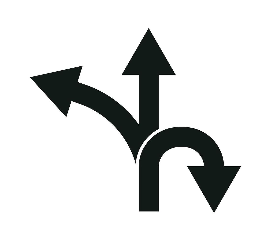 tre modo direzione freccia icone, triplicare direzionale strada icona cartello, traffico cartello, tre modo decisione opportunità opzione freccia simbolo 3 sentiero puntamento scelta, y intersezione cartello vettore illustrazione