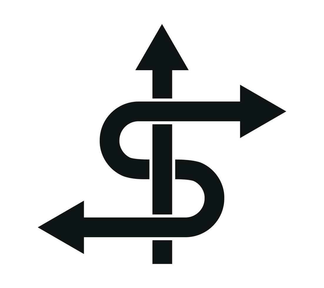 tre modo direzione freccia icone, triplicare direzionale strada icona cartello, traffico cartello, tre modo decisione opportunità opzione freccia simbolo 3 sentiero puntamento scelta, y intersezione cartello vettore illustrazione